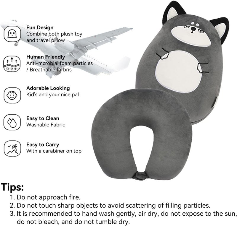 stocaggio Kids Travel Pillow - 2-in-1 Deformable Kids Neck Pillow for Traveling, Soft U-Shaped Pillow with Adorable Animal Design, Comfy Sleep and Play, Ideal for Airplanes and Cars - Gray Husky - Image 3